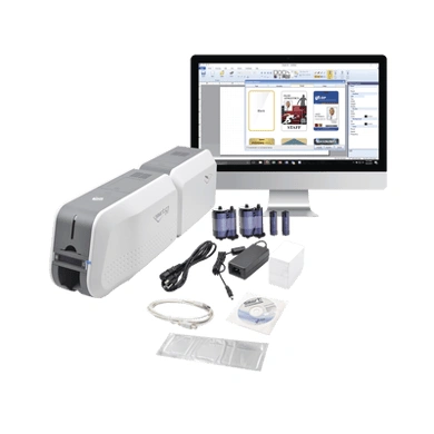Kit completo para impresión de credenciales PVC con impresora, software y consumibles.
